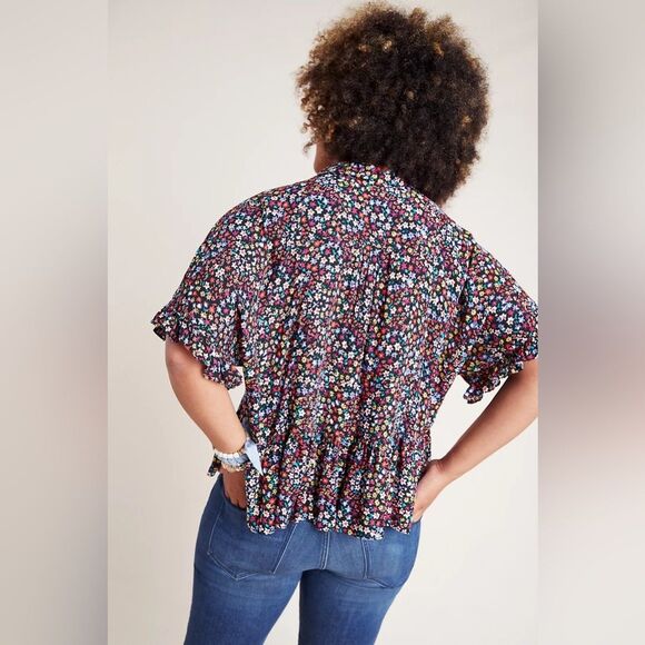 Mauve by Anthropologie Button Up Ruffle Black Floral Collared Top Size Small - Picture 2 of 16